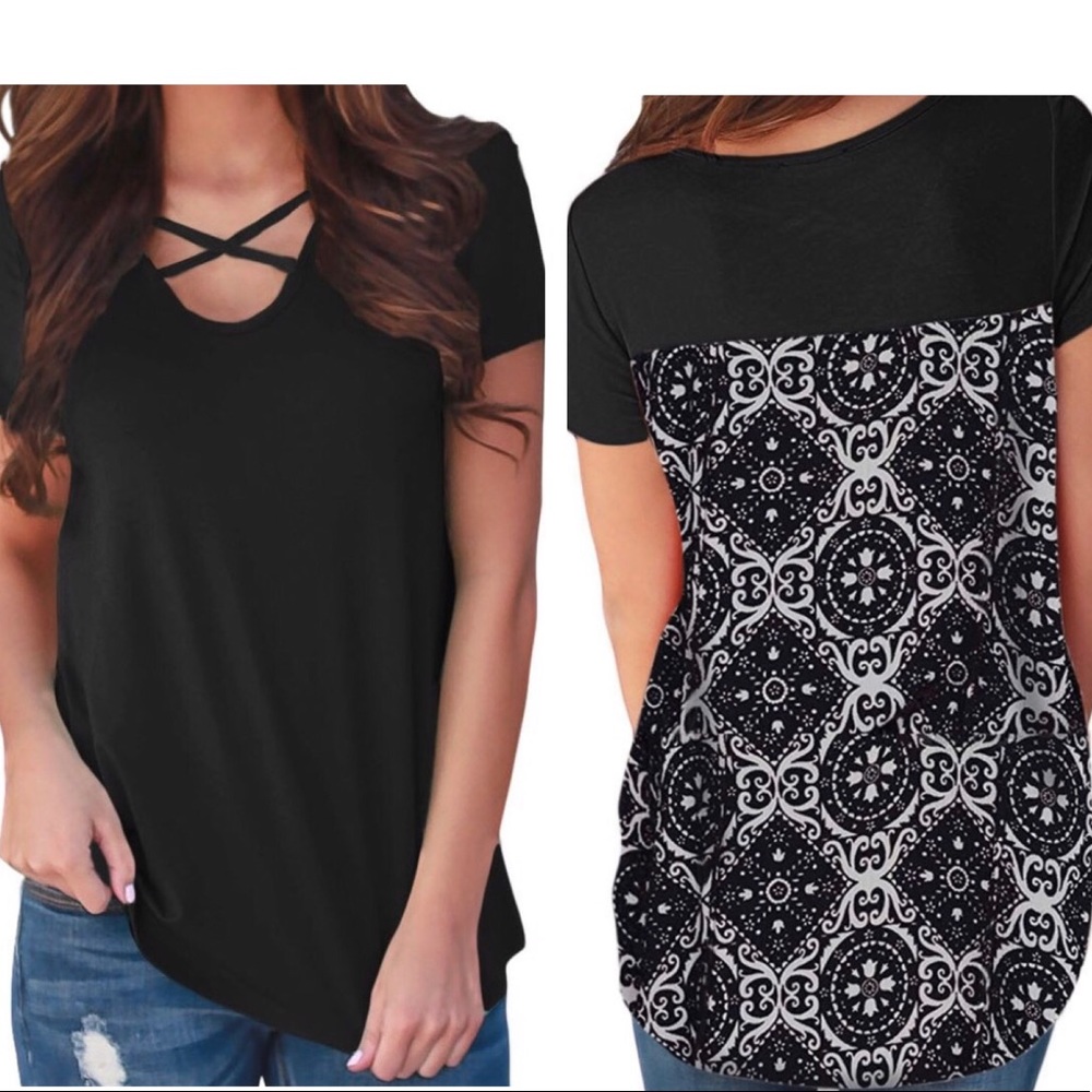 Cross Neck Top with Trellis Print